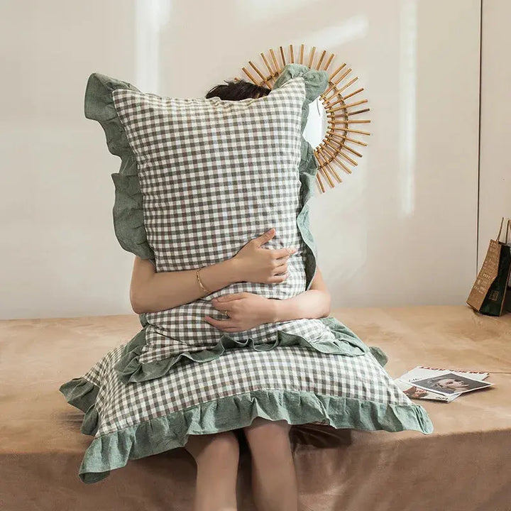 Washed Cotton Plaid Pillowcase Set with Ruffled Edge, 48x74cm, 2 Pcs | Soft Plaid with Ruffle Trim | Pillowcases