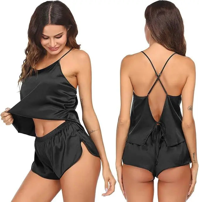 Satin Backless Cami Pajama Set with Open Back and Matching Shorts | Breezy Backless Satin Set | Pajama Sets