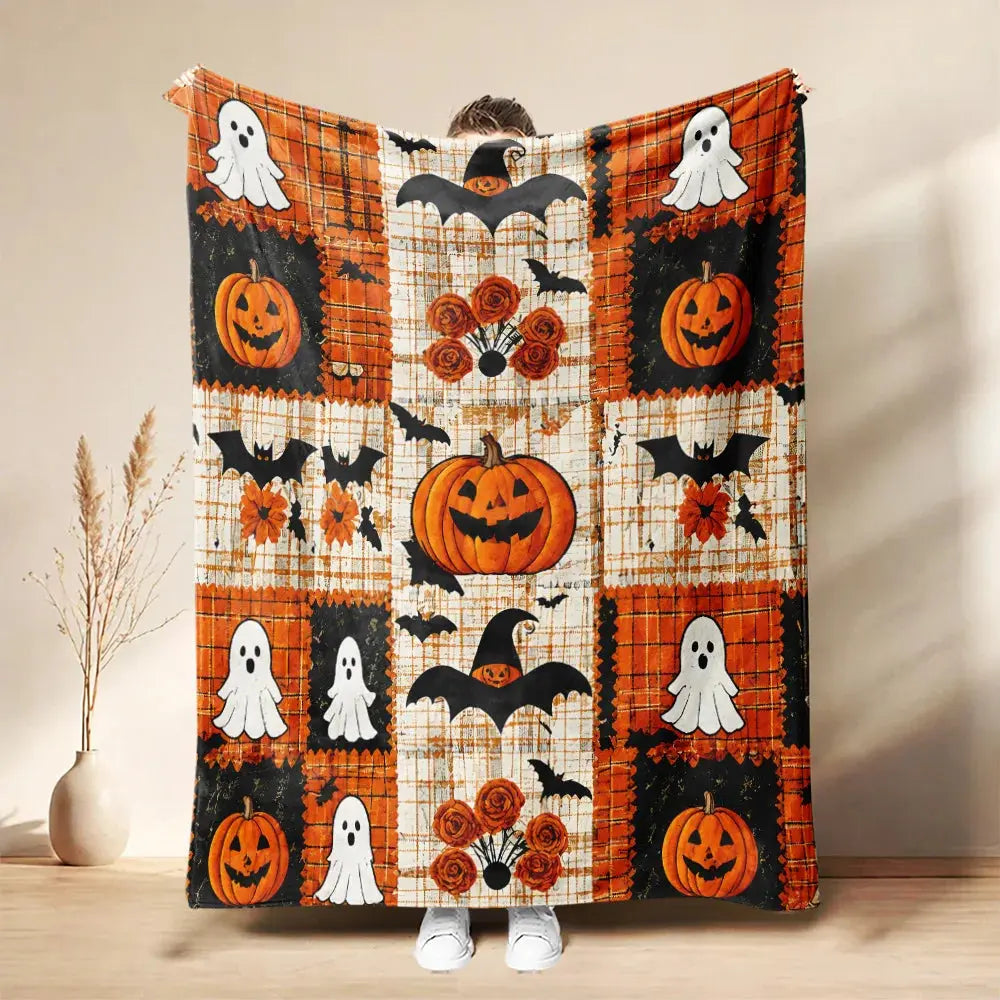 Halloween Patchwork Throw Blanket with Pumpkin and Ghost Design | Patchwork Halloween Throw Blanket | Throw Blankets