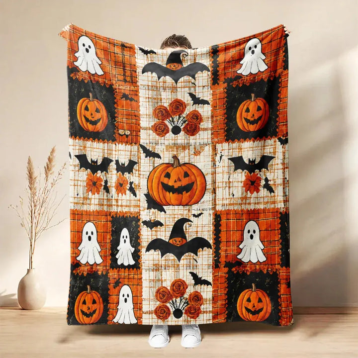 Patchwork Halloween Throw Blanket with Pumpkin and Ghost Print | Seasonal Style for Your Sofa | Throw Blankets