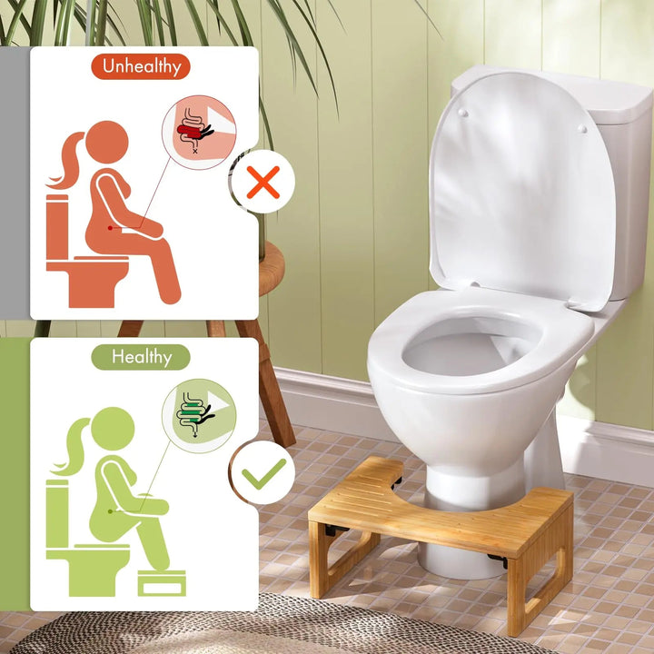 Foldable Bamboo Toilet Stool with Non Slip Strips, 41.5x27.5x18cm | Foldable Footstool for Bathrooms | Bathroom Stools