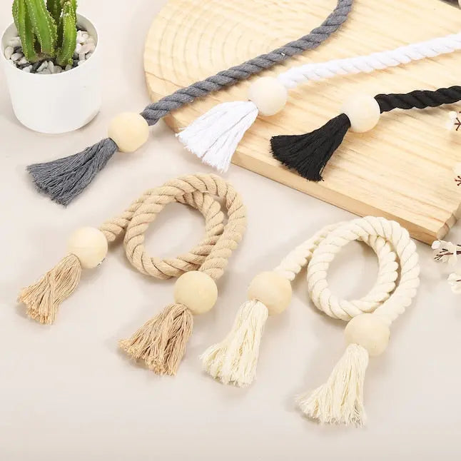 Wooden Bead Tassel Curtain Tiebacks with Magnetic Clasp, Set of 2 | Boho Curtain Holders, No Hooks | Curtain Tiebacks