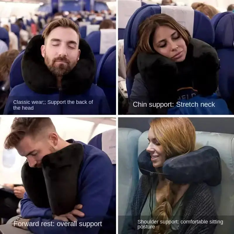 Inflatable H-Type Travel Neck Pillow with Hood and Velvet Cover | Head and Chin Support on Trips | Travel Pillows