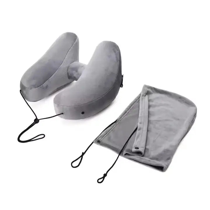 Inflatable H-Type Travel Neck Pillow with Hood and Velvet Cover | Head and Chin Support on Trips | Travel Pillows