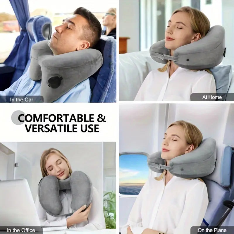 Inflatable H-Type Travel Neck Pillow with Hood and Velvet Cover | Head and Chin Support on Trips | Travel Pillows