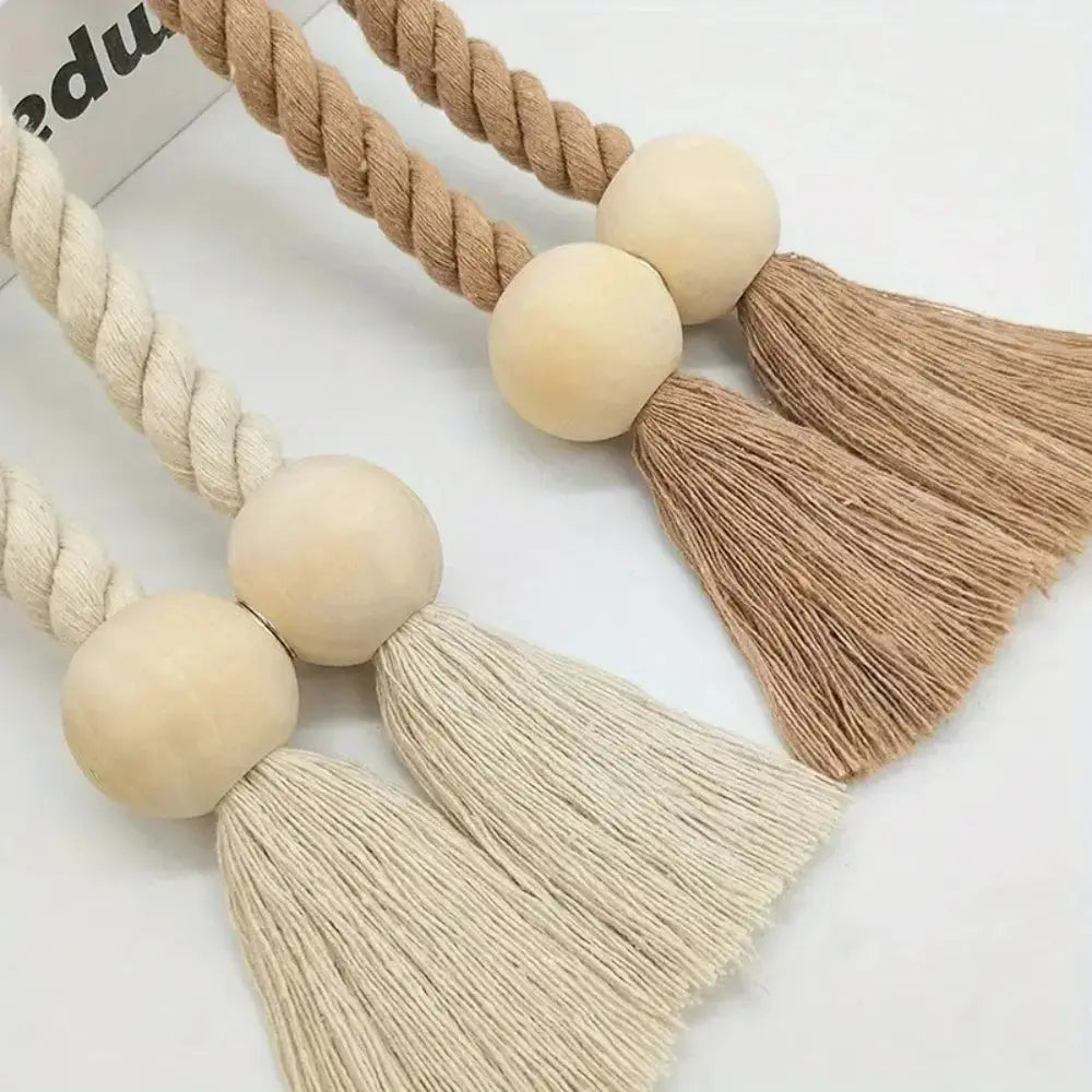 Wooden Bead Tassel Curtain Tiebacks with Magnetic Clasp, Set of 2 | Boho Curtain Holders, No Hooks | Curtain Tiebacks