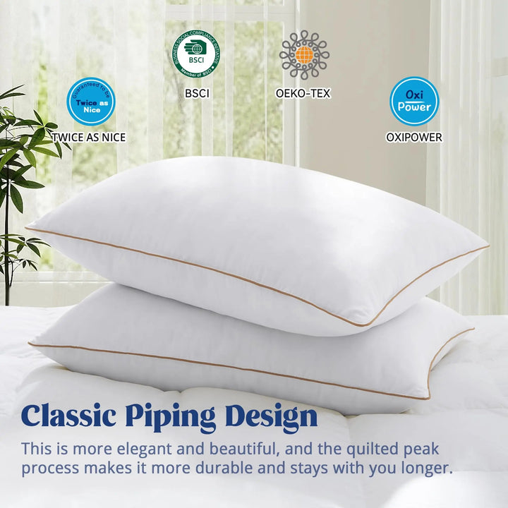 Luxury Hotel Goose Feather and Down Pillow with 100% Cotton Cover, Set of 2 | Medium Feel Goose Down Pillows | Bed Pillows