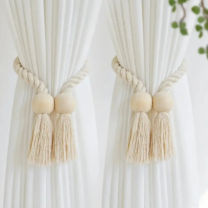 Wooden Bead Tassel Curtain Tiebacks with Magnetic Clasp, Set of 2 | Boho Curtain Holders, No Hooks | Curtain Tiebacks