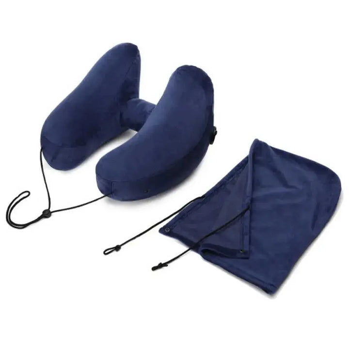 Inflatable H-Type Travel Neck Pillow with Hood and Velvet Cover | Head and Chin Support on Trips | Travel Pillows