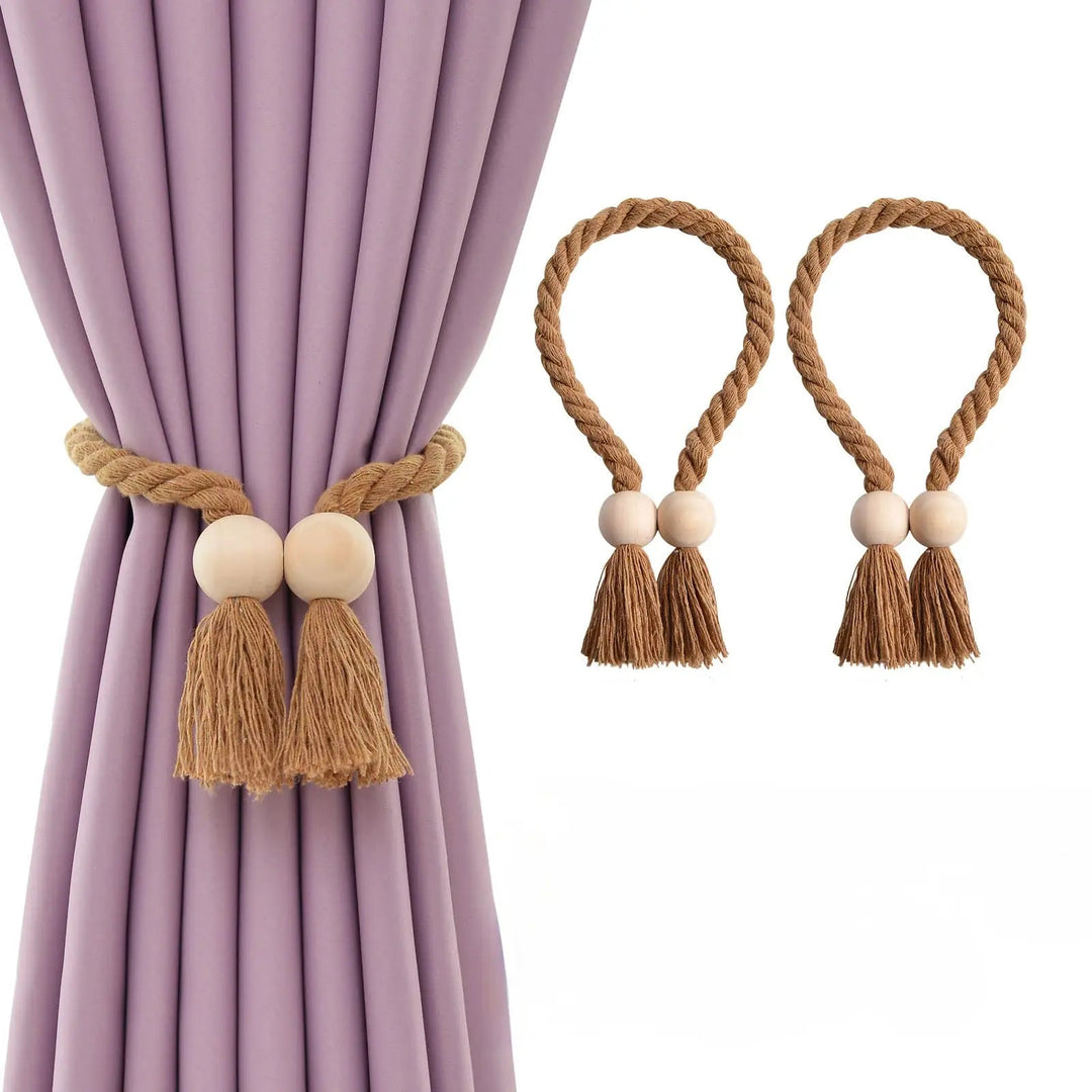 Wooden Bead Tassel Curtain Tiebacks with Magnetic Clasp, Set of 2 | Boho Curtain Holders, No Hooks | Curtain Tiebacks