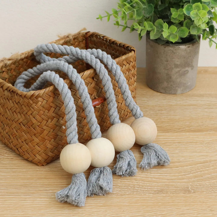 Wooden Bead Tassel Curtain Tiebacks with Magnetic Clasp, Set of 2 | Boho Curtain Holders, No Hooks | Curtain Tiebacks