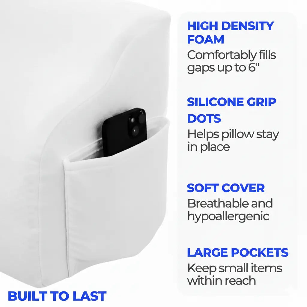 Bed Wedge Gap Filler Pillow with Silicone Grip and Pockets | Close the Bed Gap | Wedge Pillows