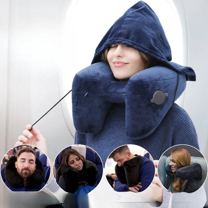 Inflatable H-Type Travel Neck Pillow with Hood and Velvet Cover | Head and Chin Support on Trips | Travel Pillows