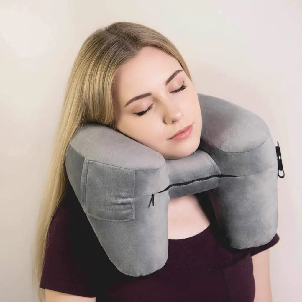 Inflatable H-Type Travel Neck Pillow with Hood and Velvet Cover | Head and Chin Support on Trips | Travel Pillows