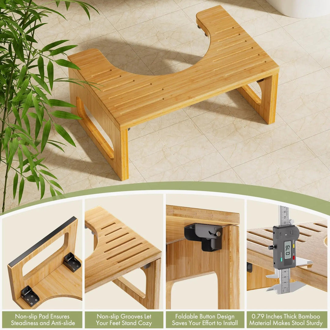 Foldable Bamboo Toilet Stool with Non Slip Strips, 41.5x27.5x18cm | Foldable Footstool for Bathrooms | Bathroom Stools