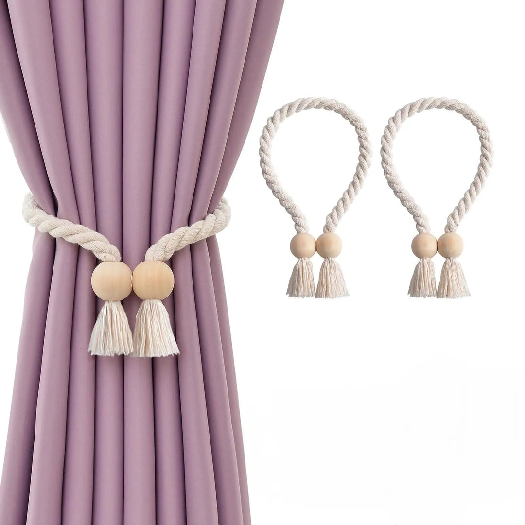 Wooden Bead Tassel Curtain Tiebacks with Magnetic Clasp, Set of 2 | Boho Curtain Holders, No Hooks | Curtain Tiebacks