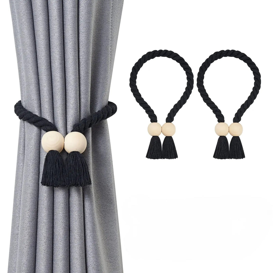 Wooden Bead Tassel Curtain Tiebacks with Magnetic Clasp, Set of 2 | Boho Curtain Holders, No Hooks | Curtain Tiebacks