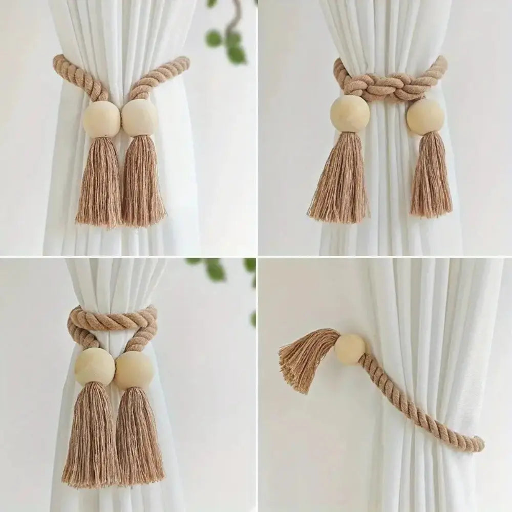 Wooden Bead Tassel Curtain Tiebacks with Magnetic Clasp, Set of 2 | Boho Curtain Holders, No Hooks | Curtain Tiebacks