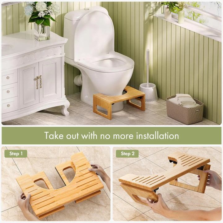 Foldable Bamboo Toilet Stool with Non Slip Strips, 41.5x27.5x18cm | Foldable Footstool for Bathrooms | Bathroom Stools