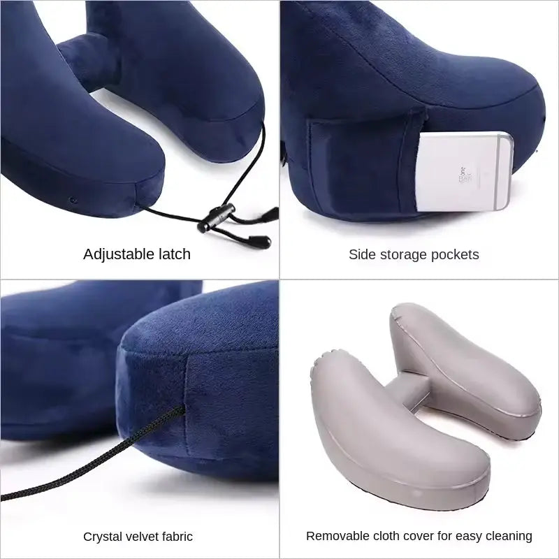 Inflatable H-Type Travel Neck Pillow with Hood and Velvet Cover | Head and Chin Support on Trips | Travel Pillows