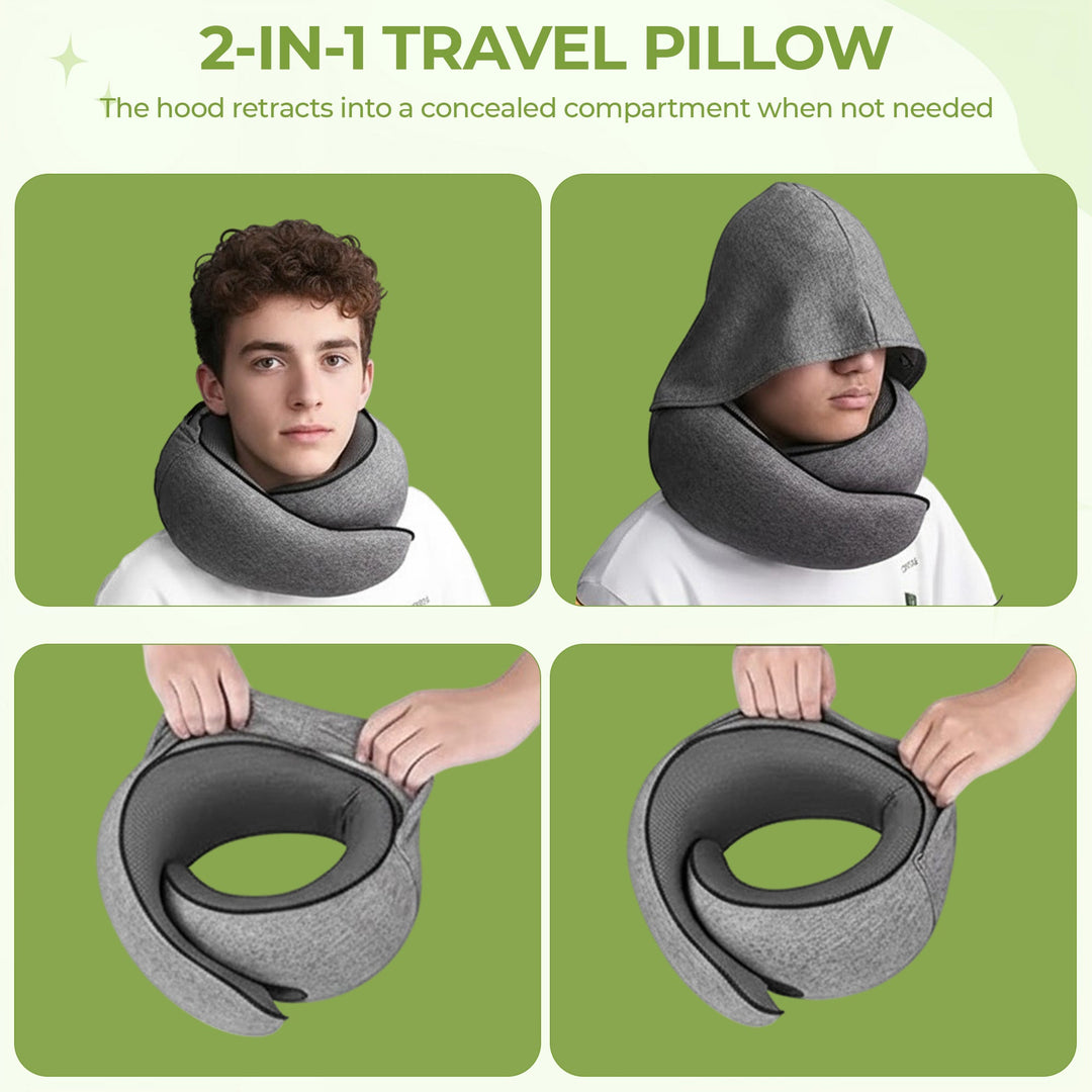 Hooded Memory Foam Travel Neck Pillow with U-Shaped 360 Degree Support | Hooded Privacy and Neck Support | Travel Pillows