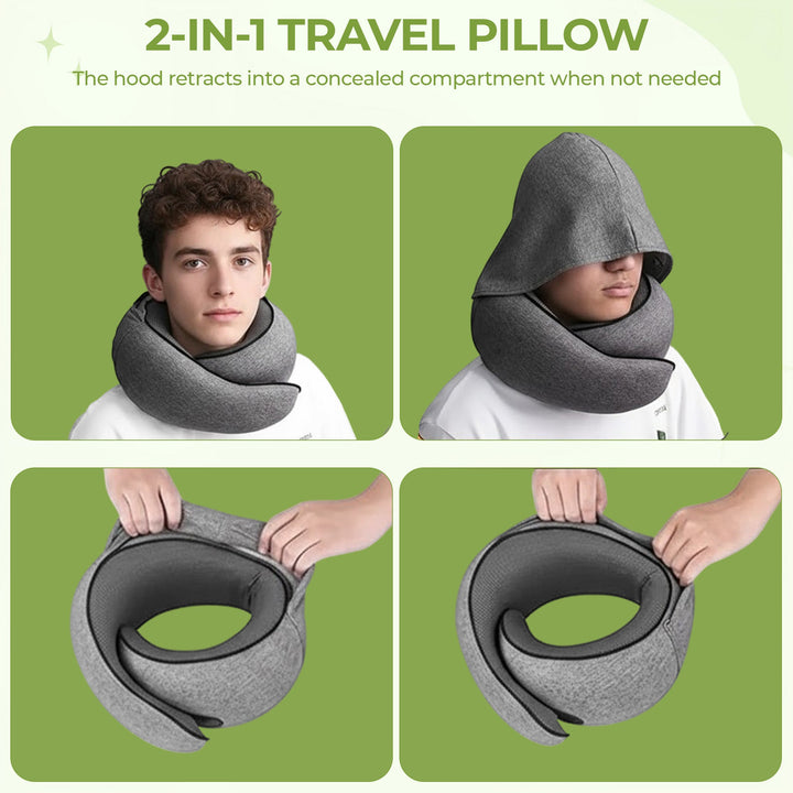 Hooded Memory Foam Travel Neck Pillow with U-Shaped 360 Degree Support | Hooded Privacy and Neck Support | Travel Pillows