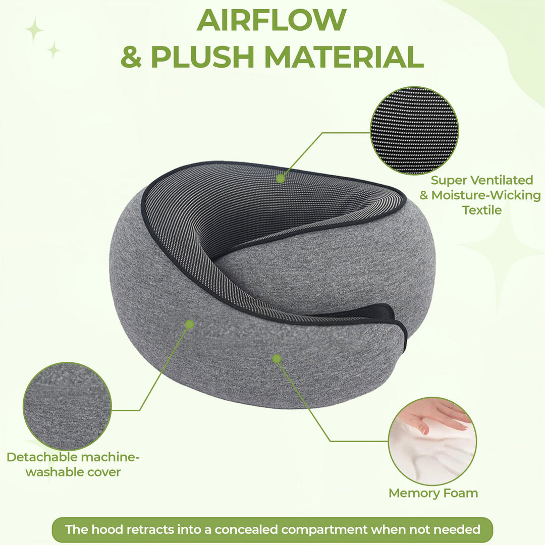 Hooded Memory Foam Travel Neck Pillow with U-Shaped 360 Degree Support | Hooded Privacy and Neck Support | Travel Pillows