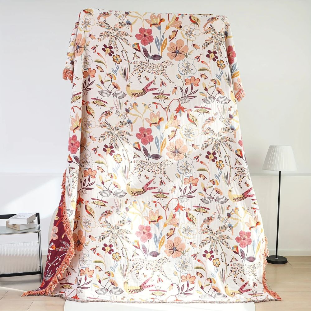 Reversible Jungle Print Cotton Blanket, 79 x 90.5in Lightweight | Jungle Print Outside, Red Inside | Throw Blankets