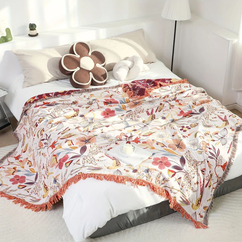 Reversible Jungle Print Cotton Blanket, 79 x 90.5in Lightweight | Jungle Print Outside, Red Inside | Throw Blankets