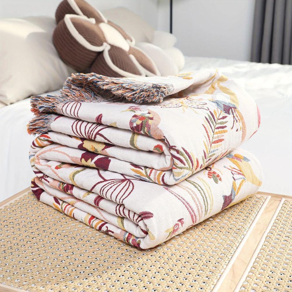 Reversible Jungle Print Cotton Blanket, 79 x 90.5in Lightweight | Jungle Print Outside, Red Inside | Throw Blankets