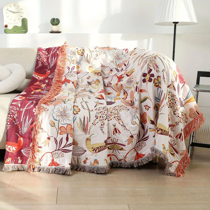 Reversible Jungle Print Cotton Blanket, 79 x 90.5in Lightweight | Jungle Print Outside, Red Inside | Throw Blankets