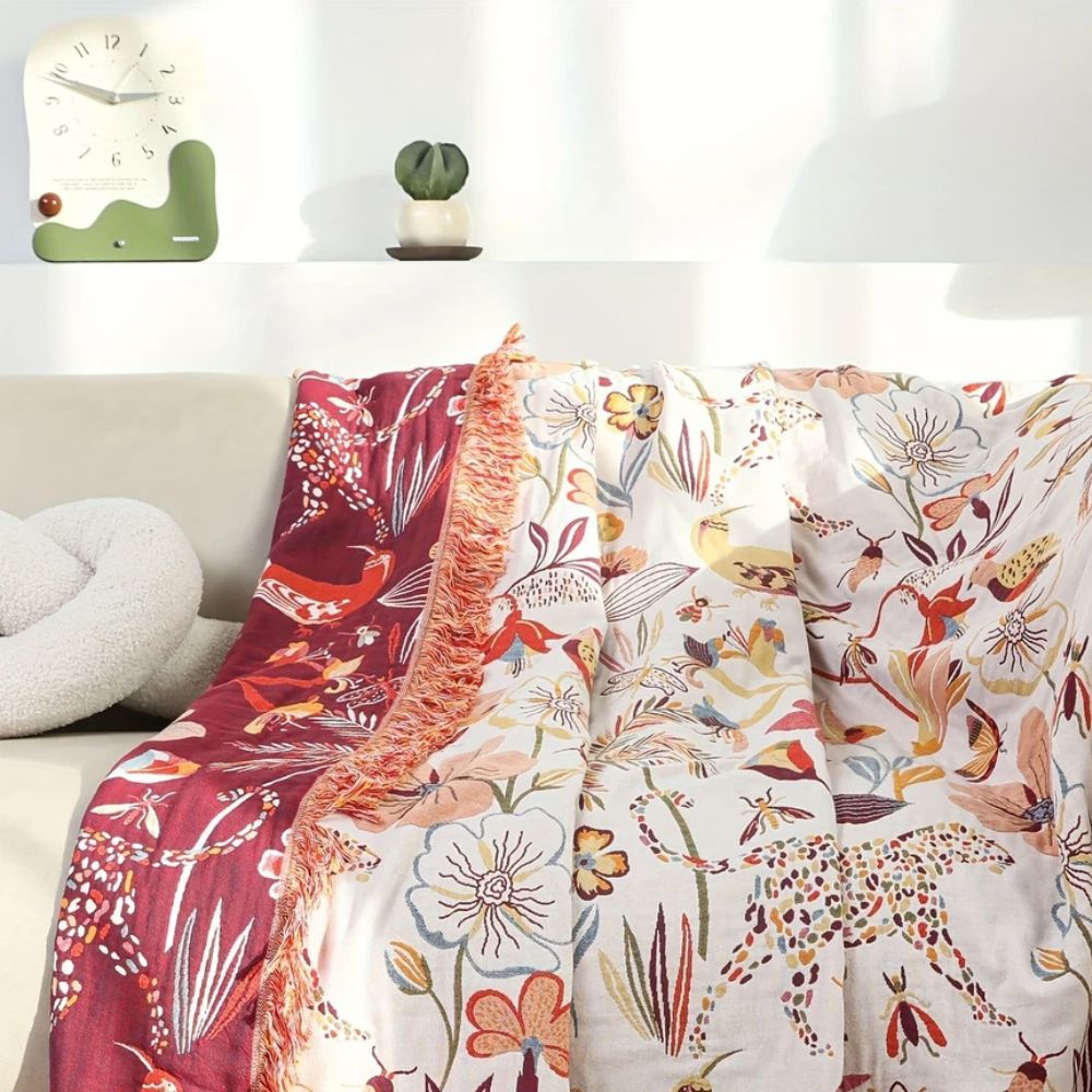 Reversible Jungle Print Cotton Blanket, 79 x 90.5in Lightweight | Jungle Print Outside, Red Inside | Throw Blankets