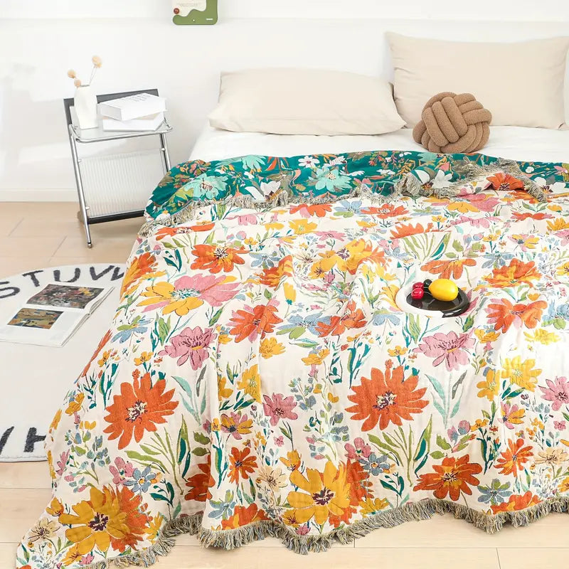 Wildflower Jacquard Cotton All-Season Blanket, 79 x 90.5in | Wildflower Colors in Soft Cotton | Throw Blankets