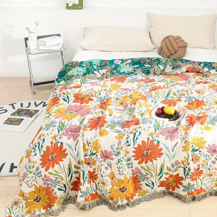 Wildflower Jacquard Cotton All-Season Blanket, 79 x 90.5in | Wildflower Colors in Soft Cotton | Throw Blankets
