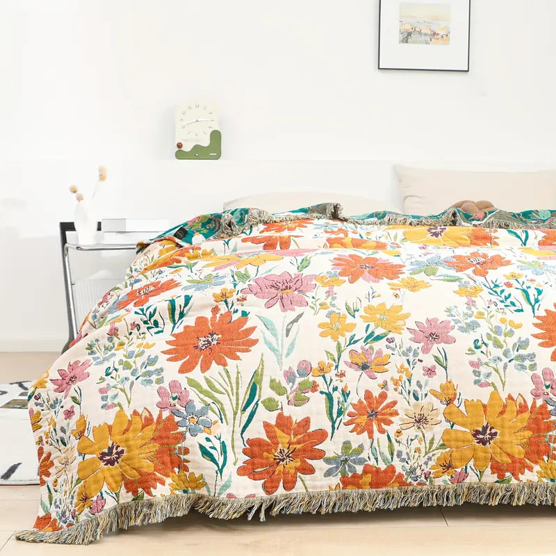 Wildflower Jacquard Cotton All-Season Blanket, 79 x 90.5in | Wildflower Colors in Soft Cotton | Throw Blankets
