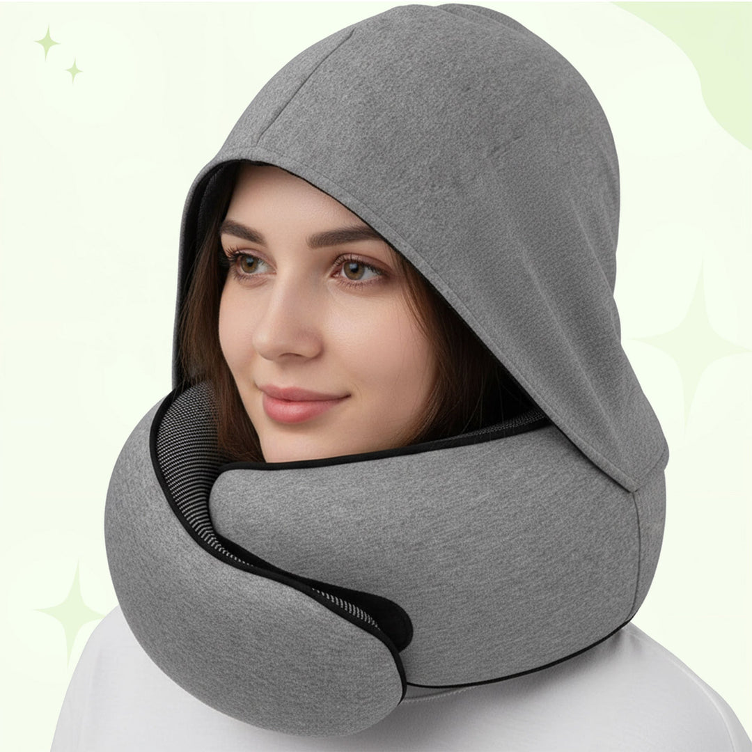 Hooded Memory Foam Travel Neck Pillow with U-Shaped 360 Degree Support | Hooded Privacy and Neck Support | Travel Pillows
