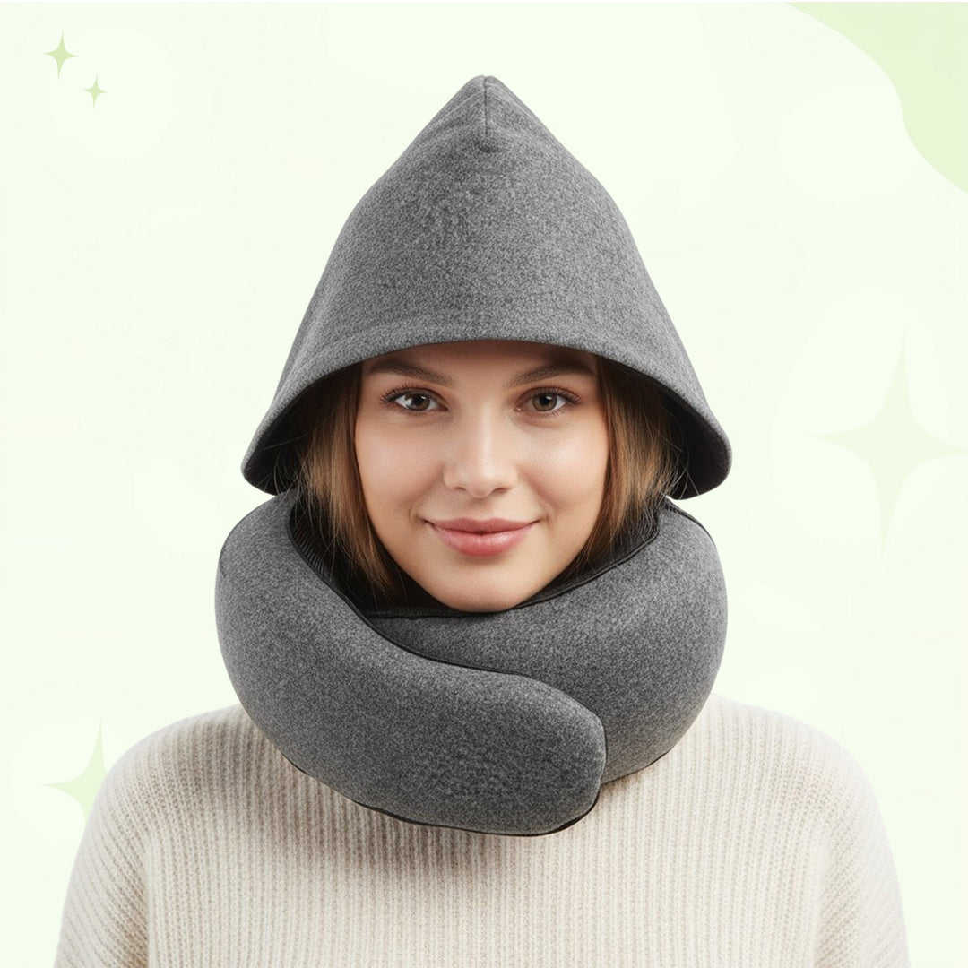 Hooded Memory Foam Travel Neck Pillow with U-Shaped 360 Degree Support | Hooded Privacy and Neck Support | Travel Pillows