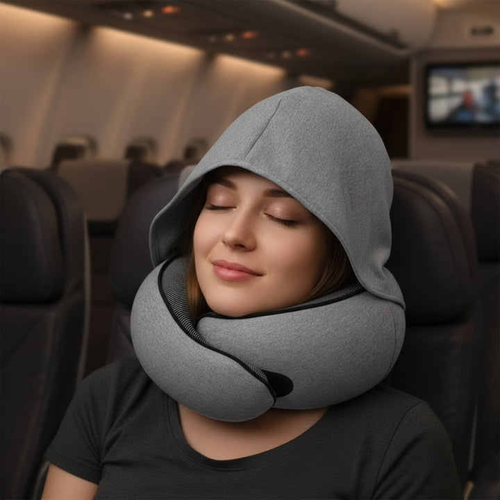 Hooded Memory Foam Travel Neck Pillow with U-Shaped 360 Degree Support | Hooded Privacy and Neck Support | Travel Pillows