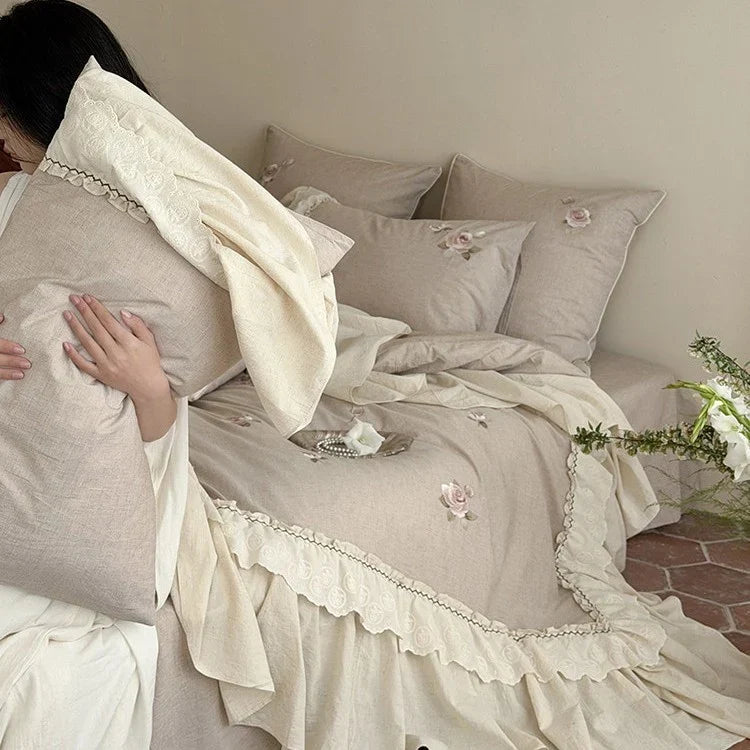 Cotton-Linen Bedding and Throw Set with Rose Embroidery and Lace Trim | Vintage Rose Embroidered Bedding Set | Bedding Sets