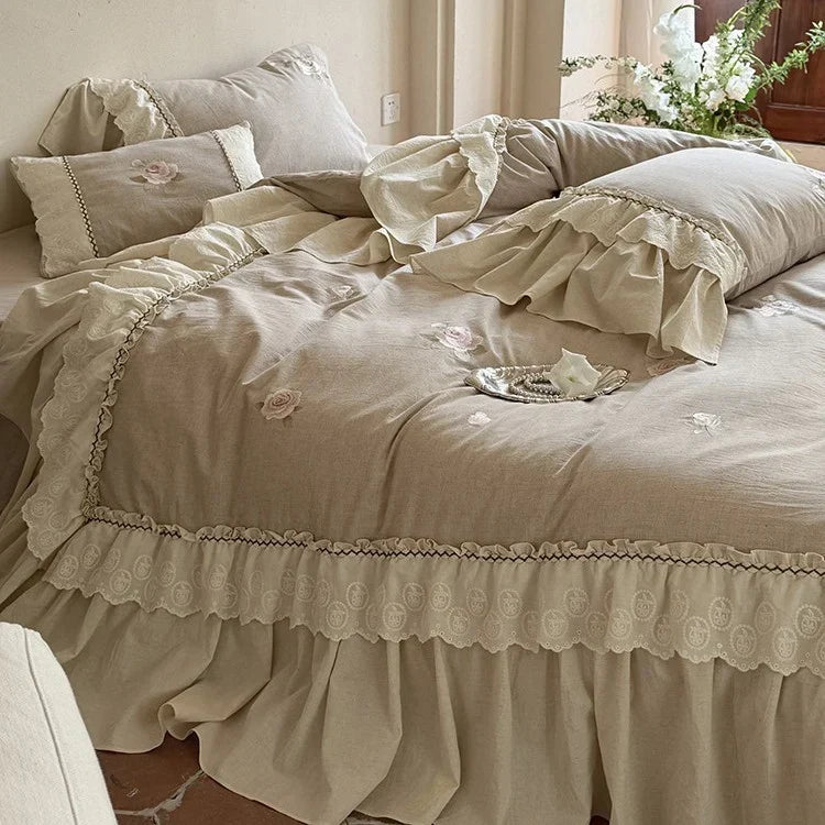 Cotton-Linen Bedding and Throw Set with Rose Embroidery and Lace Trim | Vintage Rose Embroidered Bedding Set | Bedding Sets