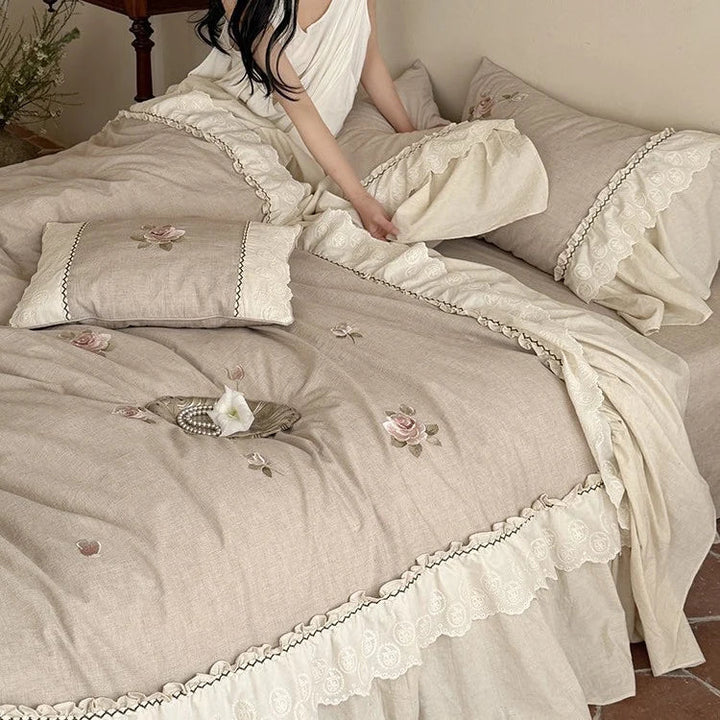 Cotton-Linen Bedding and Throw Set with Rose Embroidery and Lace Trim | Vintage Rose Embroidered Bedding Set | Bedding Sets