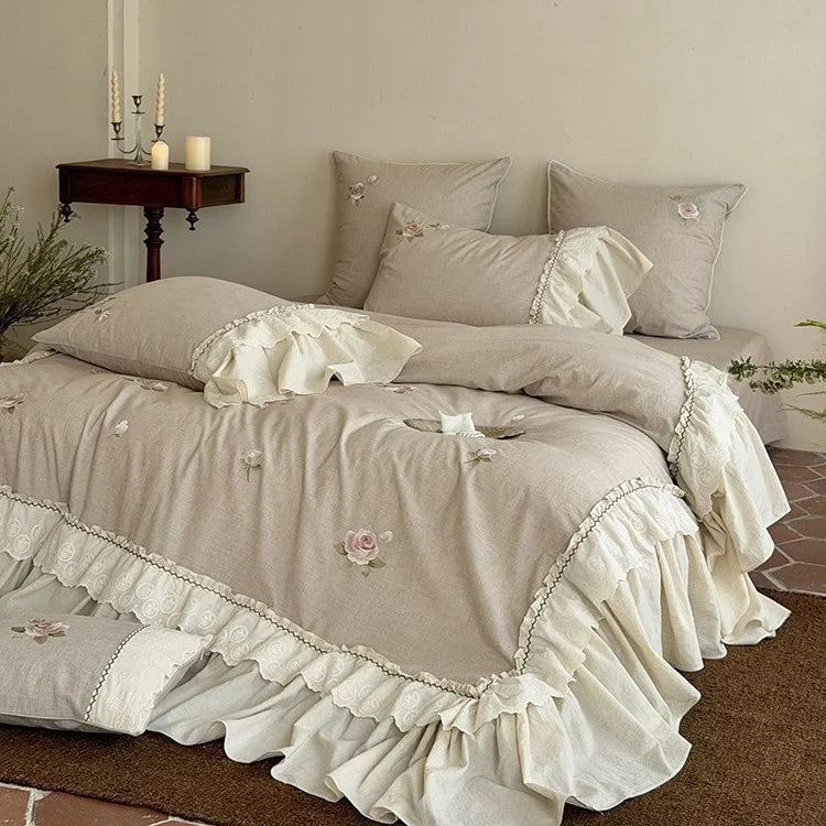 Cotton-Linen Bedding and Throw Set with Rose Embroidery and Lace Trim | Vintage Rose Embroidered Bedding Set | Bedding Sets