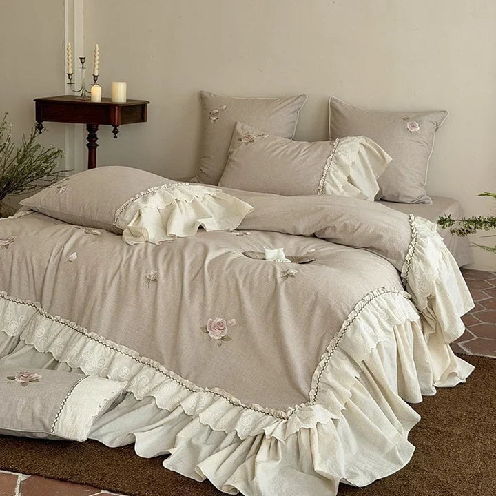 Cotton-Linen Bedding and Throw Set with Rose Embroidery and Lace Trim | Vintage Rose Embroidered Bedding Set | Bedding Sets
