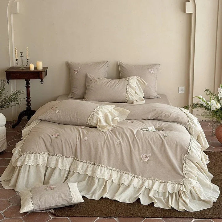 Cotton-Linen Bedding and Throw Set with Rose Embroidery and Lace Trim | Vintage Rose Embroidered Bedding Set | Bedding Sets