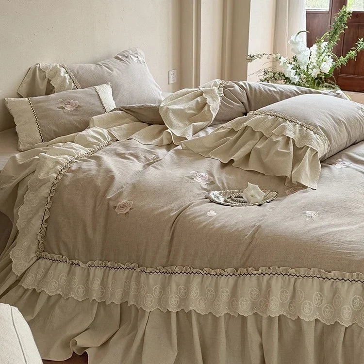 Cotton-Linen Bedding and Throw Set with Rose Embroidery and Lace Trim | Vintage Rose Embroidered Bedding Set | Bedding Sets