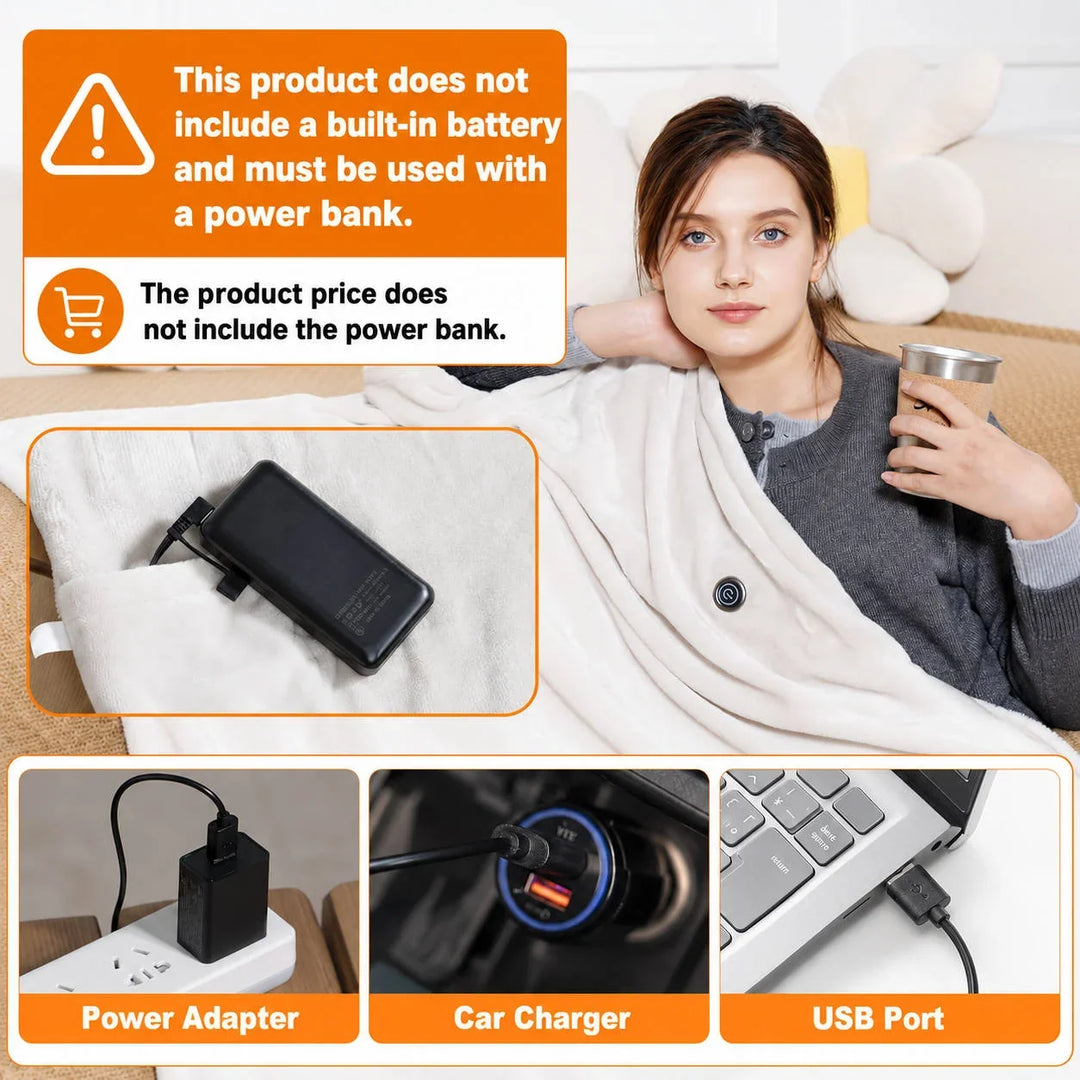 Cordless Heated Blanket with 9 Heating Zones, USB Rechargeable | Cordless Warmth Anywhere | Heated Blankets