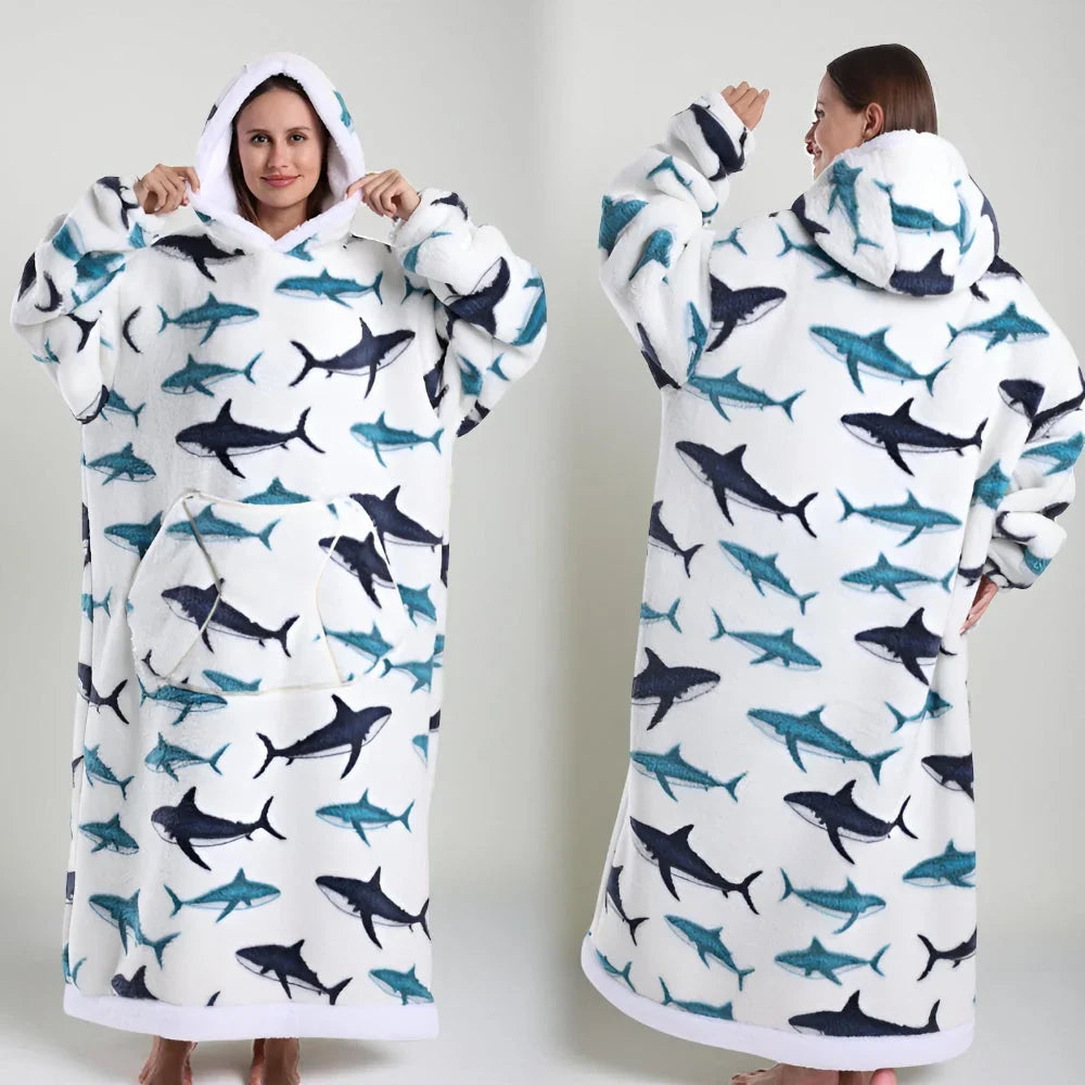 Oversized Hooded Blanket in Double-Brushed Fleece with Pouch Pocket | Full-Length Hooded Fleece Comfort | Wearable Blankets