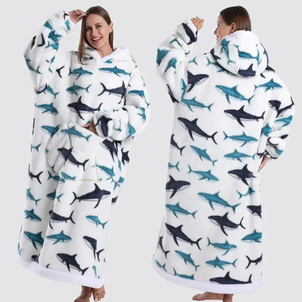 Oversized Hooded Blanket in Double-Brushed Fleece with Pouch Pocket | Full-Length Hooded Fleece Comfort | Wearable Blankets