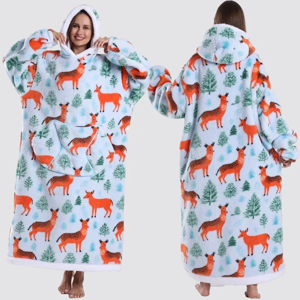 Oversized Hooded Blanket in Double-Brushed Fleece with Pouch Pocket | Full-Length Hooded Fleece Comfort | Wearable Blankets