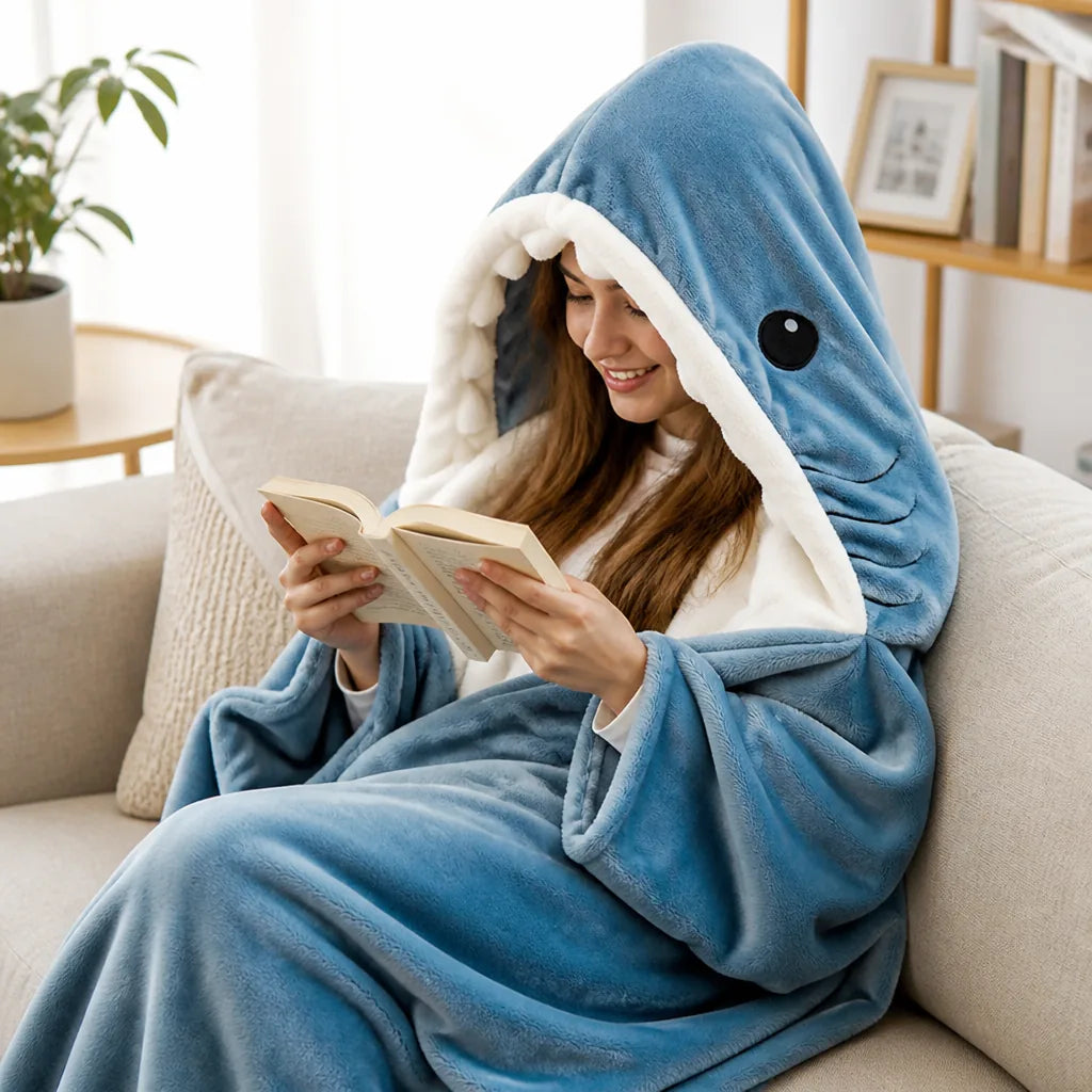Shark Mouth Hooded Wearable Blanket in Ultra-Soft Fleece, Sizes S to 2XL | Shark Hood Fleece Wearable Blanket | Wearable Blankets